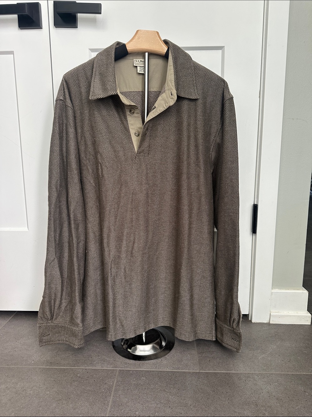 L.L. Bean Brown Herringbone Long-Sleeve Polo